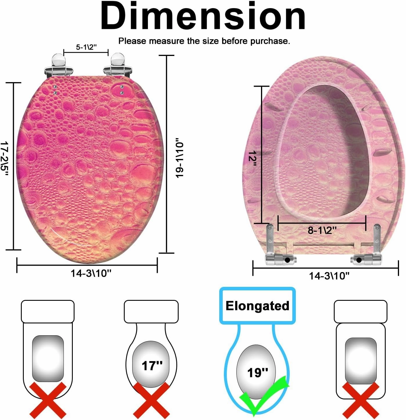 Elongated Toilet Seat Pink Gold Bubble Foam Bead Abstract Dinosaur Lizard Snake Skin Luxury Quiet Close Strong Stainless Steel Hinges Resin Toilet Seat Easy to Install Easy to Clean