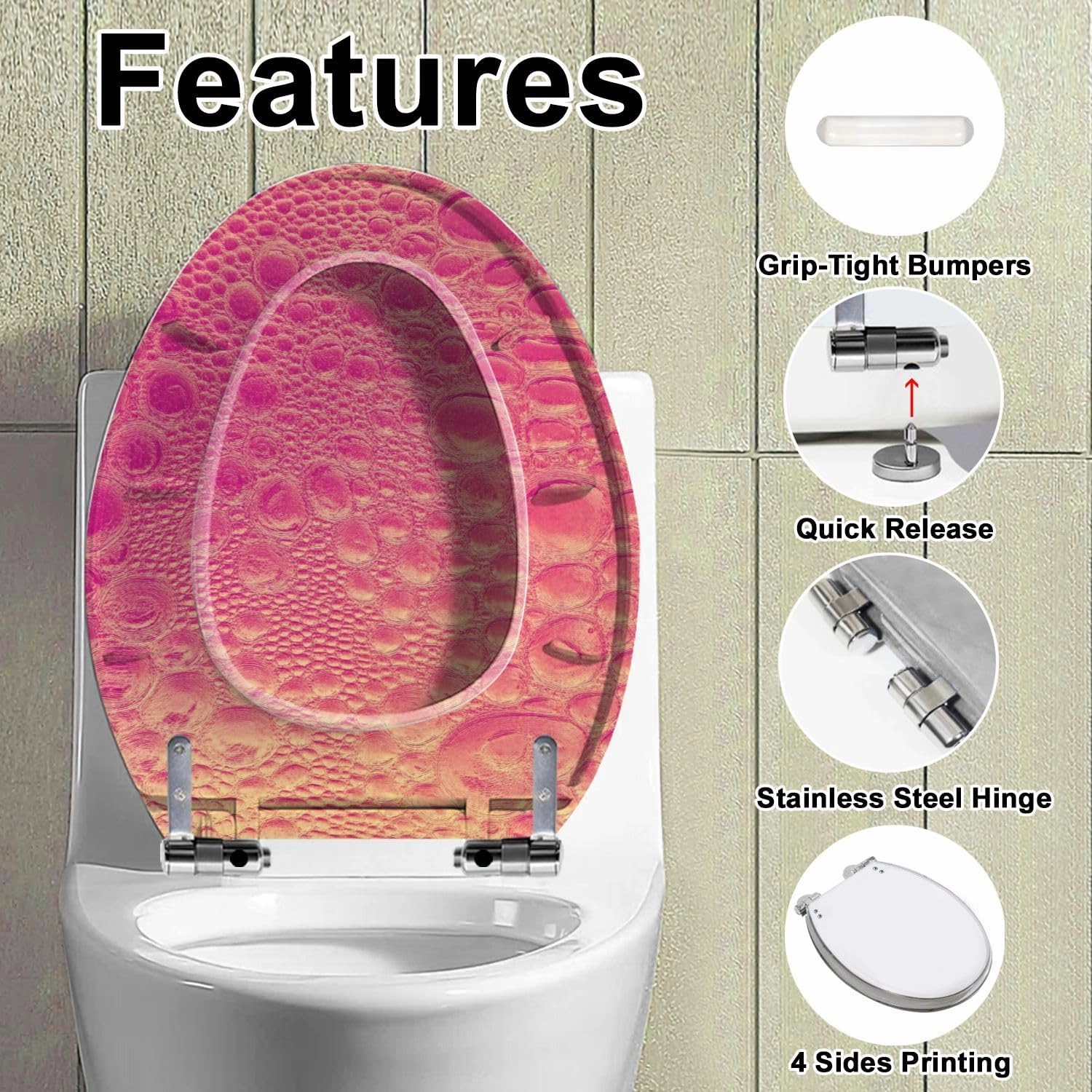 Elongated Toilet Seat Pink Gold Bubble Foam Bead Abstract Dinosaur Lizard Snake Skin Luxury Quiet Close Strong Stainless Steel Hinges Resin Toilet Seat Easy to Install Easy to Clean