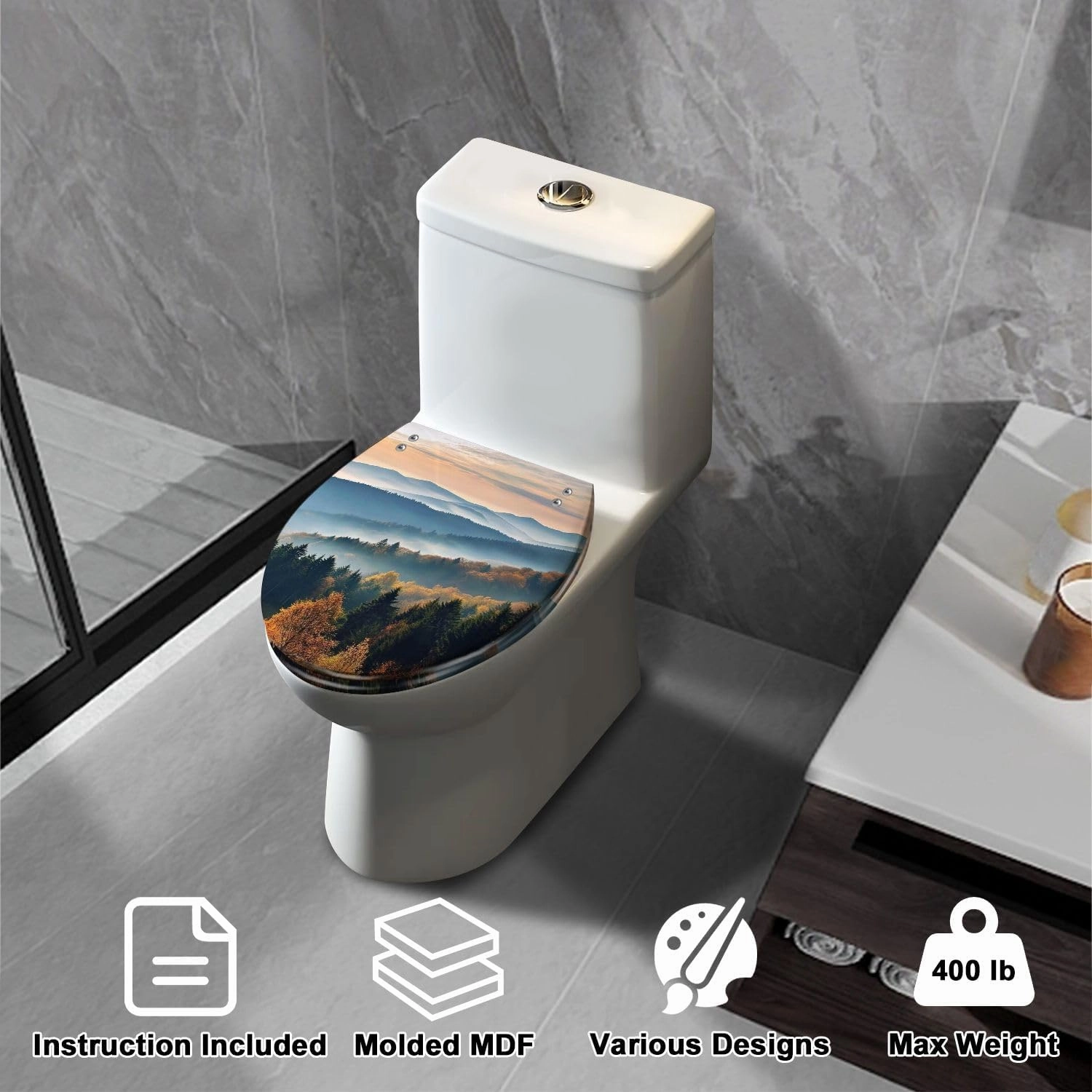 Elongated Toilet Seat Scenic mountain landscape View Black Forest Germany covered Quiet Close Strong Stainless Steel Hinges Resin Toilet Seat Easy to Install Easy to Clean
