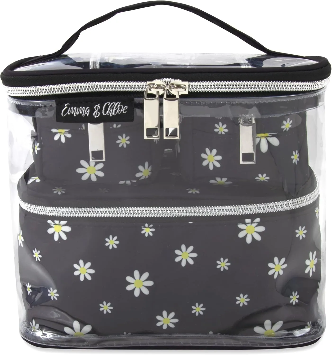 Emma & Chloe 4 Piece Cosmetic Toiletry Bag Set, Waterproof Home, Travel Cosmetic Train Case Makeup Bags for Women with Zipper (Dash of Daisies)