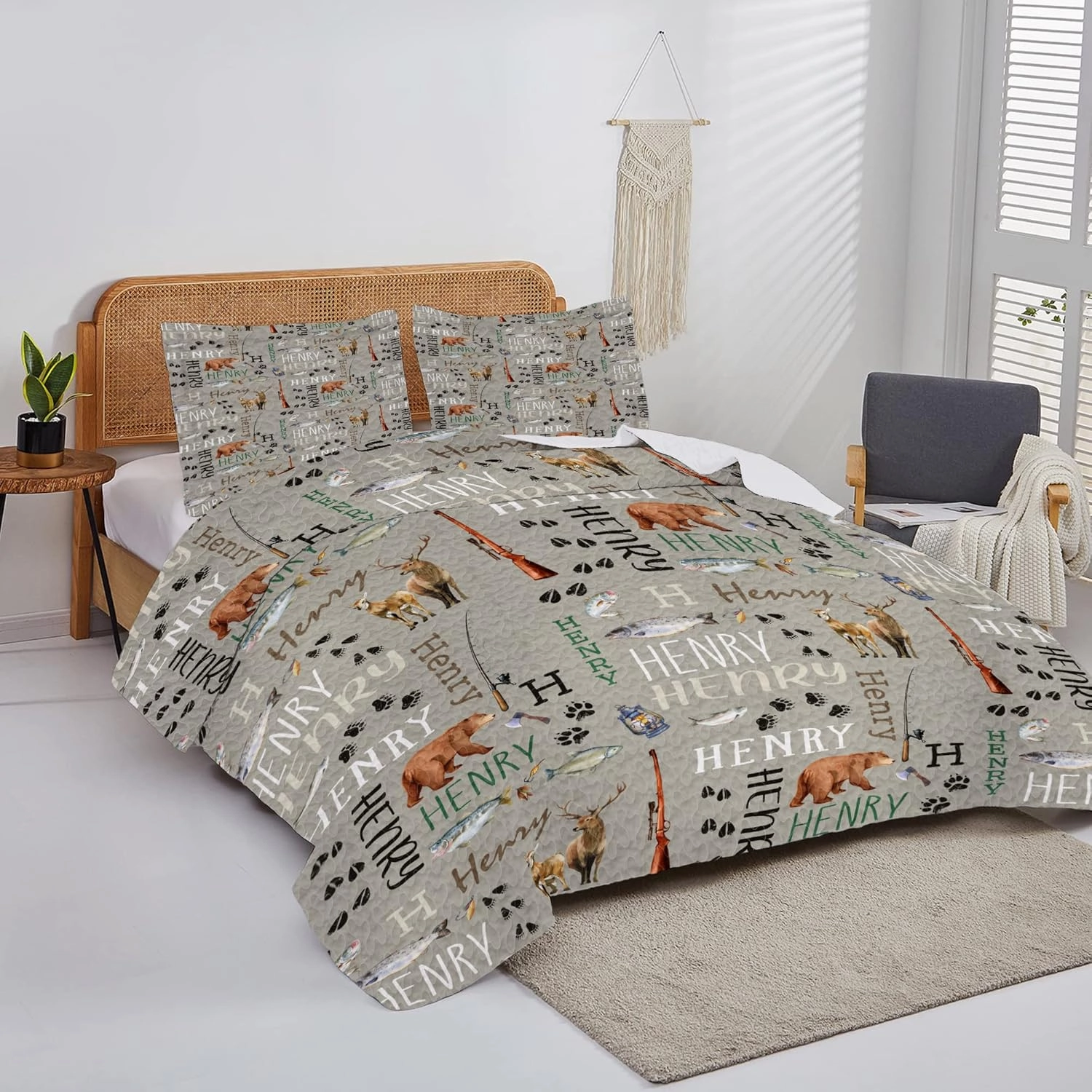 ENCYCOM Personalized Bear Woodland Quilt, Forest Animal Quilt Nursery Best Decorative Unique Quilt Sets for Bed Wall Hanging Picnics Gifts, King/Queen/Twin/Throw