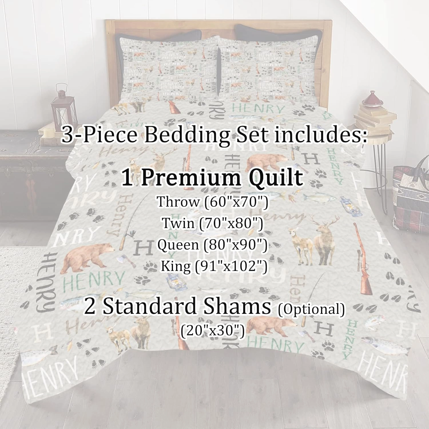 ENCYCOM Personalized Bear Woodland Quilt, Forest Animal Quilt Nursery Best Decorative Unique Quilt Sets for Bed Wall Hanging Picnics Gifts, King/Queen/Twin/Throw