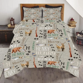 ENCYCOM Personalized Bear Woodland Quilt, Forest Animal Quilt Nursery Best Decorative Unique Quilt Sets for Bed Wall Hanging Picnics Gifts, King/Queen/Twin/Throw