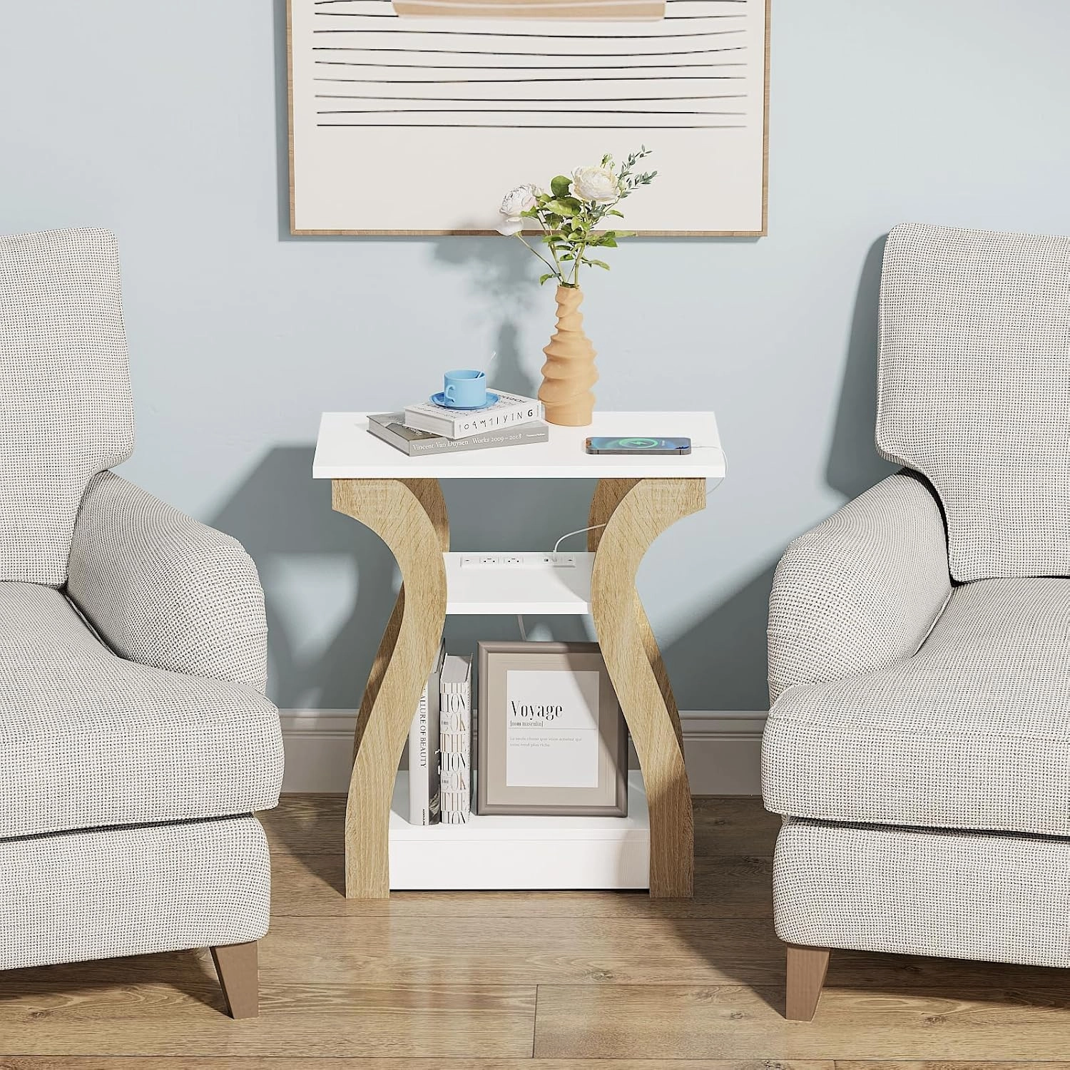End Table with Charging Station, Side Table with USB Ports and Outlets, Nightstand, 3 Tier End Table with Storage Shelf for Living Room, Bedroom (White)