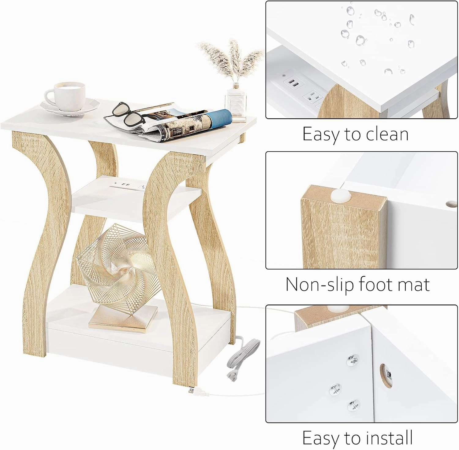 End Table with Charging Station, Side Table with USB Ports and Outlets, Nightstand, 3 Tier End Table with Storage Shelf for Living Room, Bedroom (White)