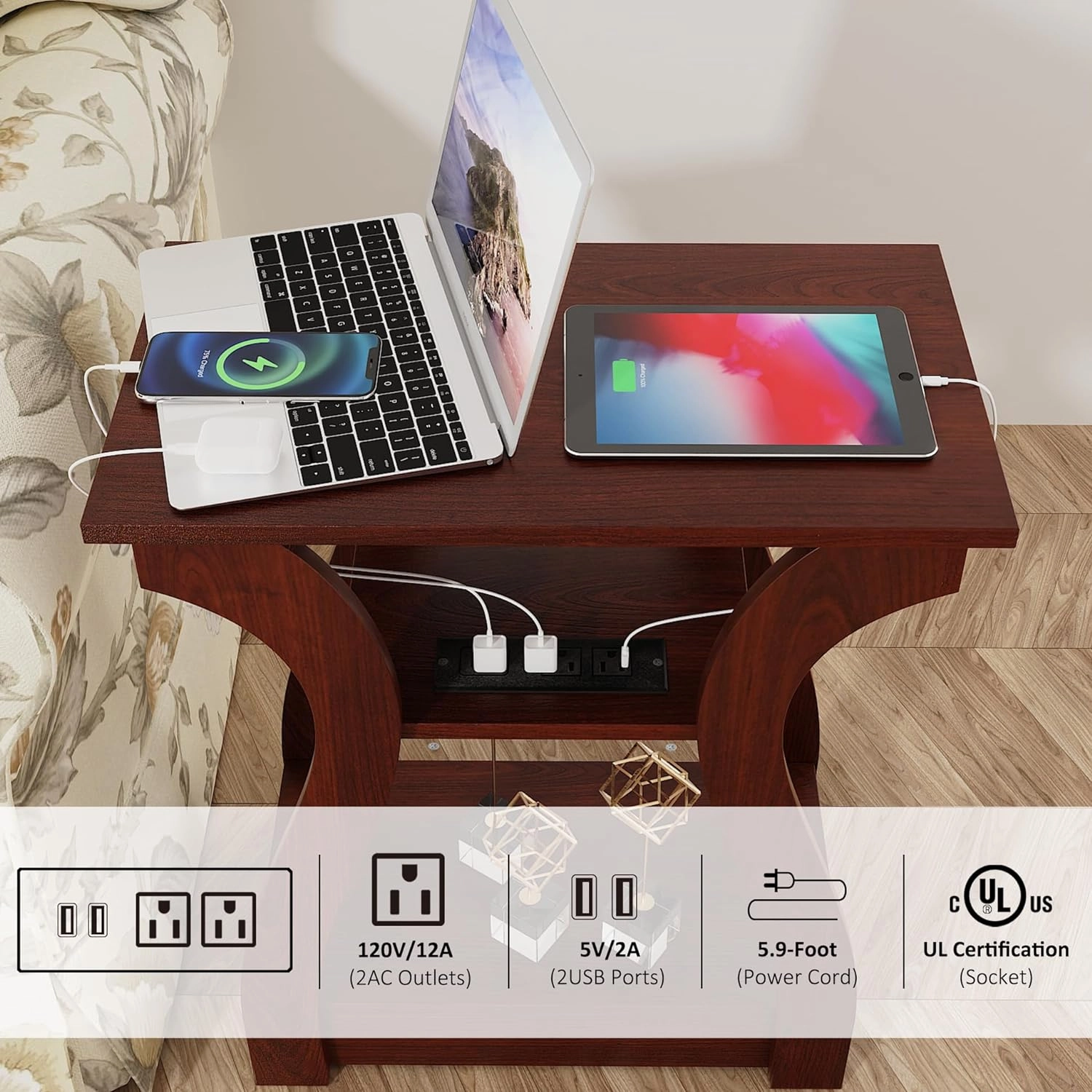 End Tables Living Room, Cherry End Table with Charging Station, Nightstand for Bedroom, 3 Tier End Table with Storage Shelf for Living Room(Cherry)
