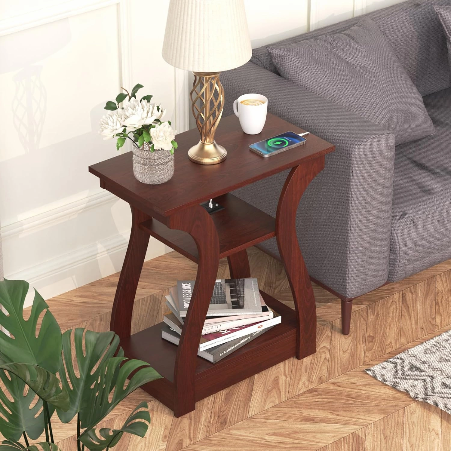 End Tables Living Room, Cherry End Table with Charging Station, Nightstand for Bedroom, 3 Tier End Table with Storage Shelf for Living Room(Cherry)