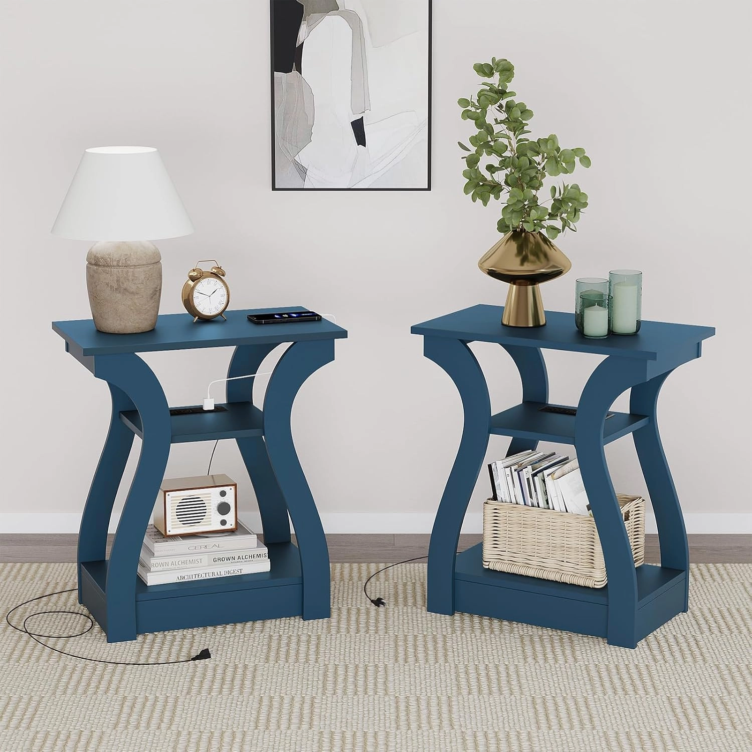 End Tables Living Room, End Table end Table with Charging Station and USB,Navy Blue Side Table, Nightstand for Bedroom,3 Tier End Table with Storage Shelf for Living Room