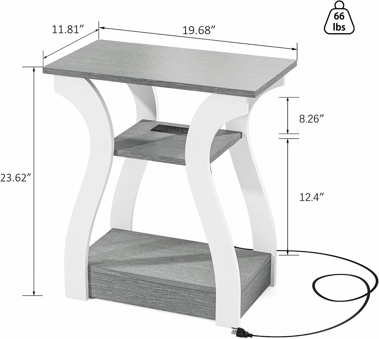 End Tables Living Room, Grey End Table with Charging Station, Grey Side Table, Nightstand for Bedroom, 3 Tier End Table with Storage Shelf for Living Room