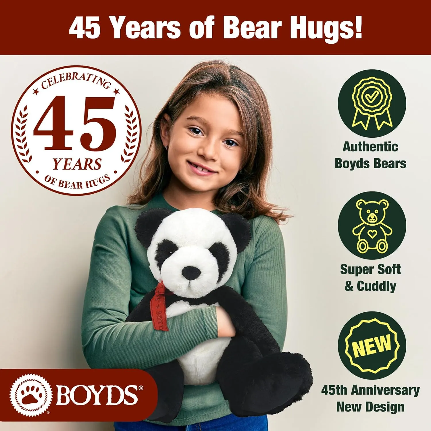 Enesco Boyds Bears 45th Anniversary Panda P. Giggles Plush Panda Teddy Bear Stuffed Animals, Collectible Premium Soft Teddy Bear Plushies for Ages 1  and Up, Black and White, 12 Inch