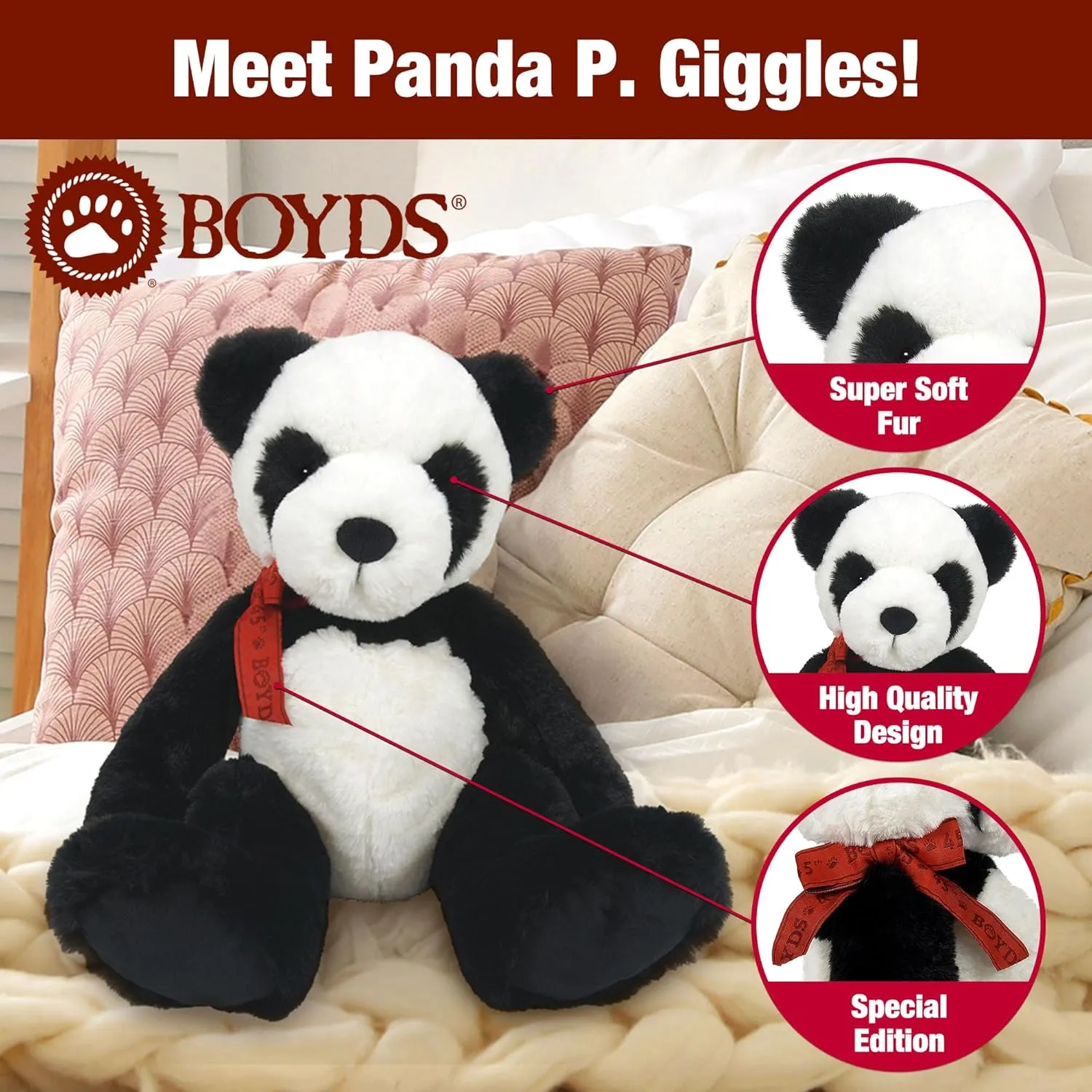 Enesco Boyds Bears 45th Anniversary Panda P. Giggles Plush Panda Teddy Bear Stuffed Animals, Collectible Premium Soft Teddy Bear Plushies for Ages 1  and Up, Black and White, 12 Inch