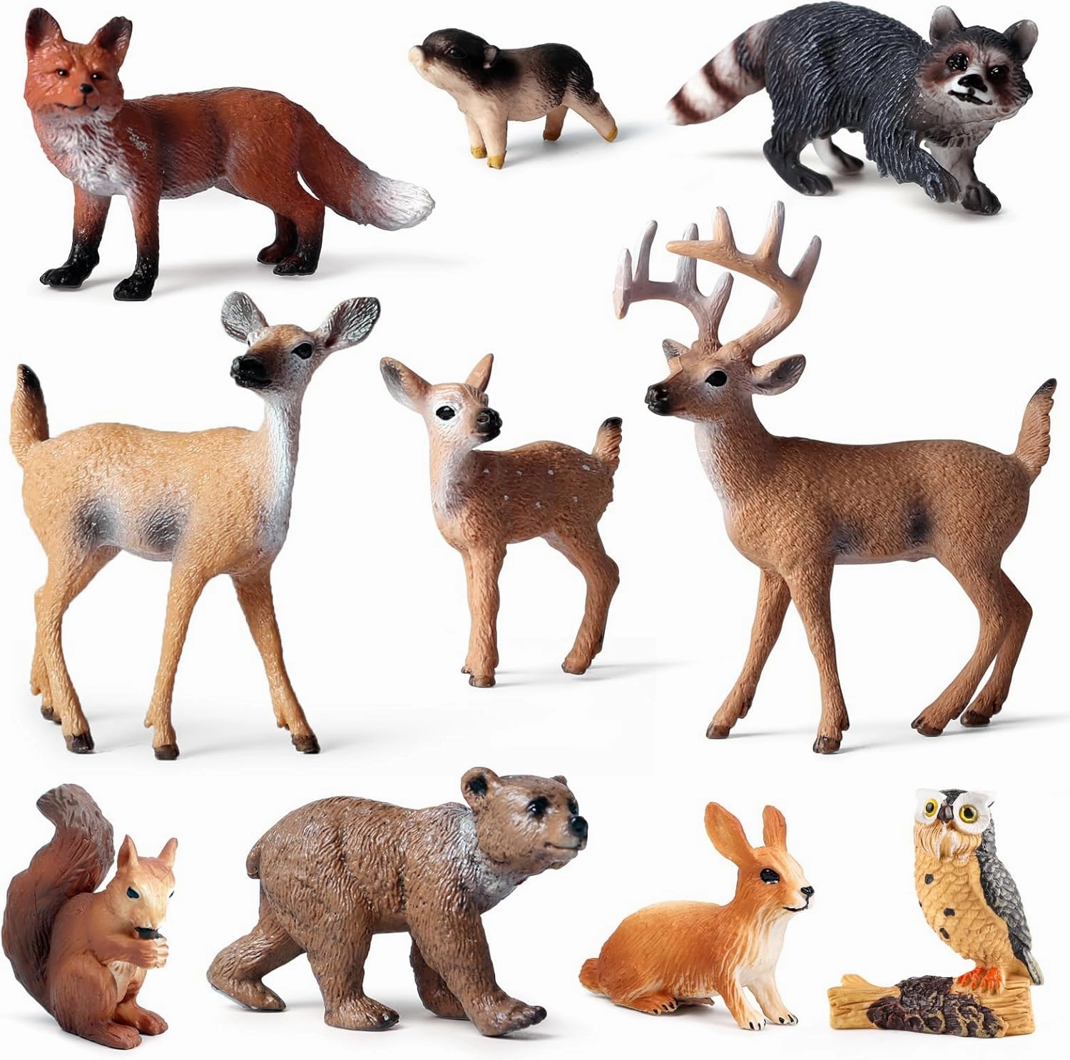 EOIVSH Forest Animals Figures, 10pcs Realistic Woodland Creatures Figurines for Kids, Plasitc Jungle Animals Toys for Cake Topper Birthday Gift