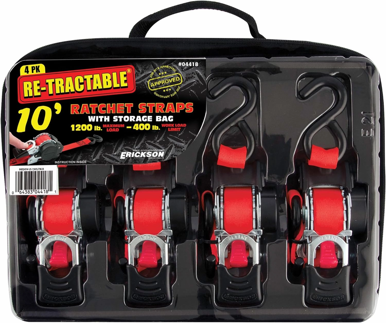 Erickson 04418 Pro Series Red 1" x 10' Retractable Ratcheting Tie-Down Strap, (Storage Bag of 4, 1200 lb Load Capacity)