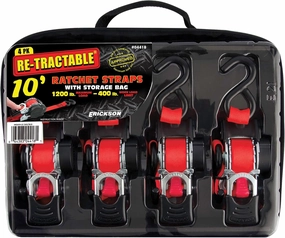 Erickson 04418 Pro Series Red 1" x 10' Retractable Ratcheting Tie-Down Strap, (Storage Bag of 4, 1200 lb Load Capacity)
