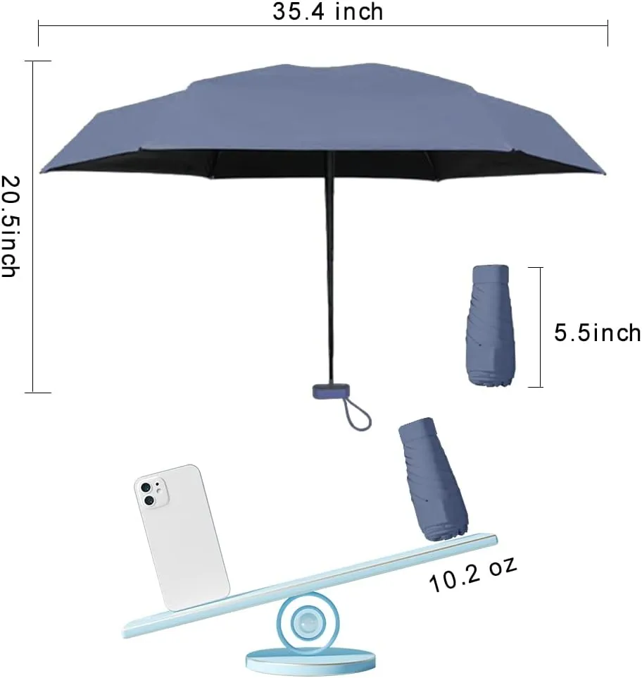 ESUFEIR Mini Travel Sun Umbrella for Purse With Case,Small Compact UV Umbrella Protection Sun,Lightweight Portable Parasol Windproof for Women Men Kids (Haze blue)
