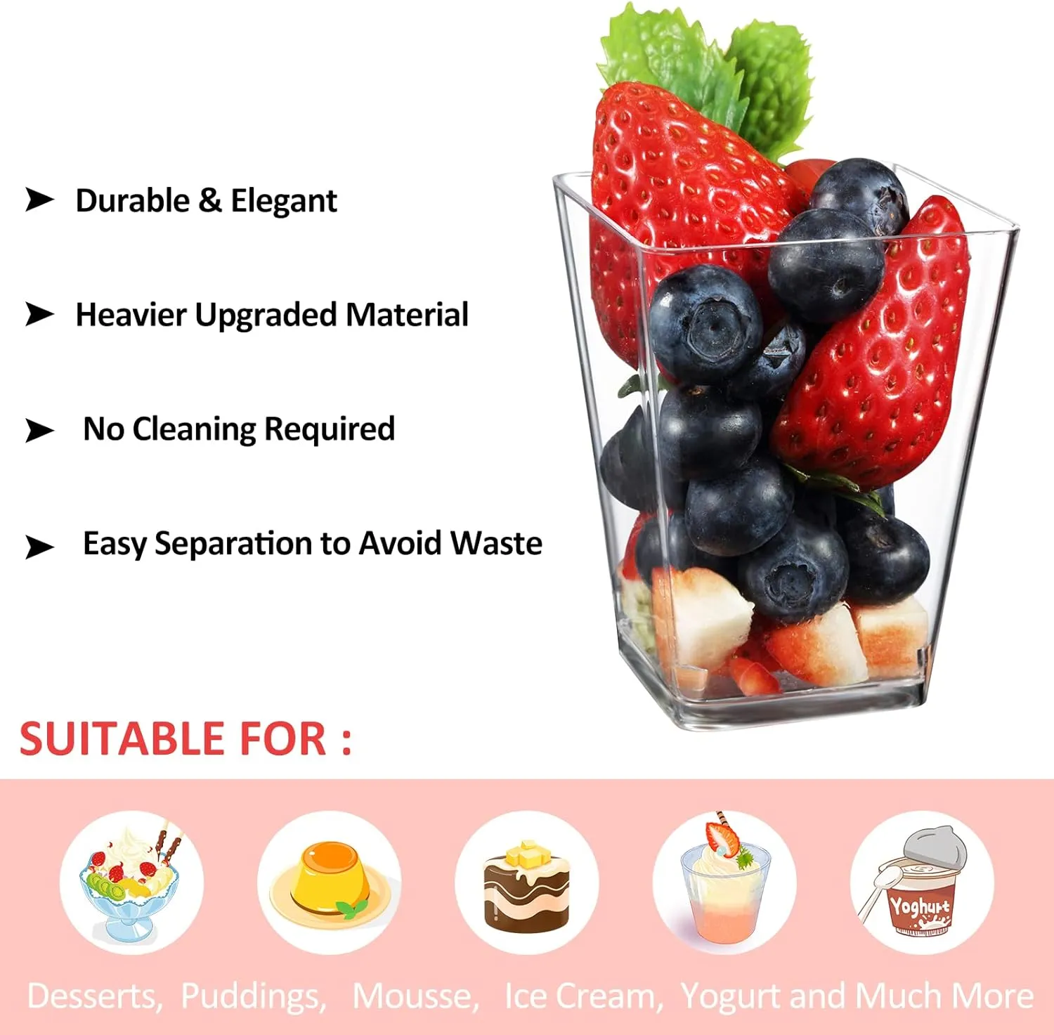 Eupako 160 Pack 5 OZ Plastic Mini Dessert Cups with Spoons - Clear Small Parfait Cups, Square Appetizer Cups for Fruit, Pudding, Mousse, Ice Cream, Party, Wedding, Valentine's Day