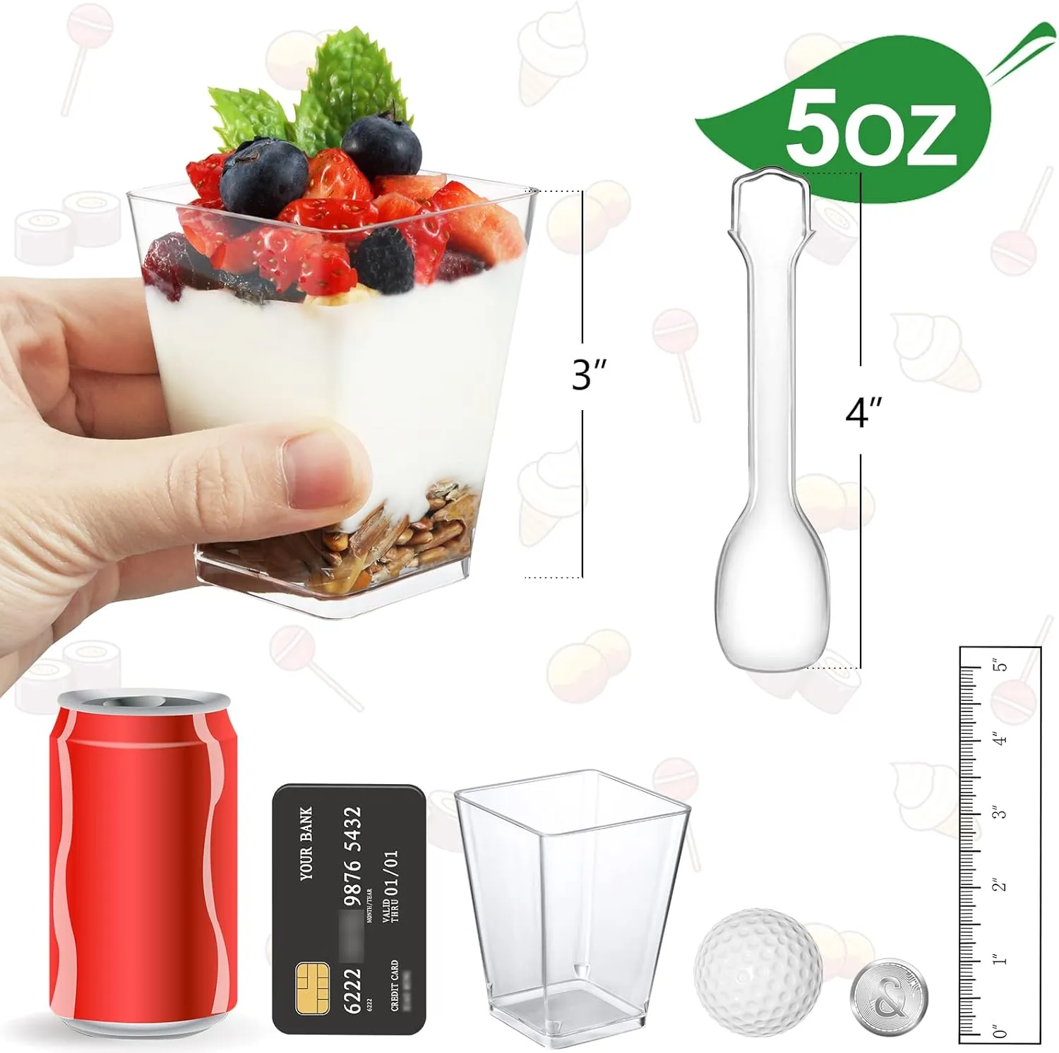 Eupako 160 Pack 5 OZ Plastic Mini Dessert Cups with Spoons - Clear Small Parfait Cups, Square Appetizer Cups for Fruit, Pudding, Mousse, Ice Cream, Party, Wedding, Valentine's Day
