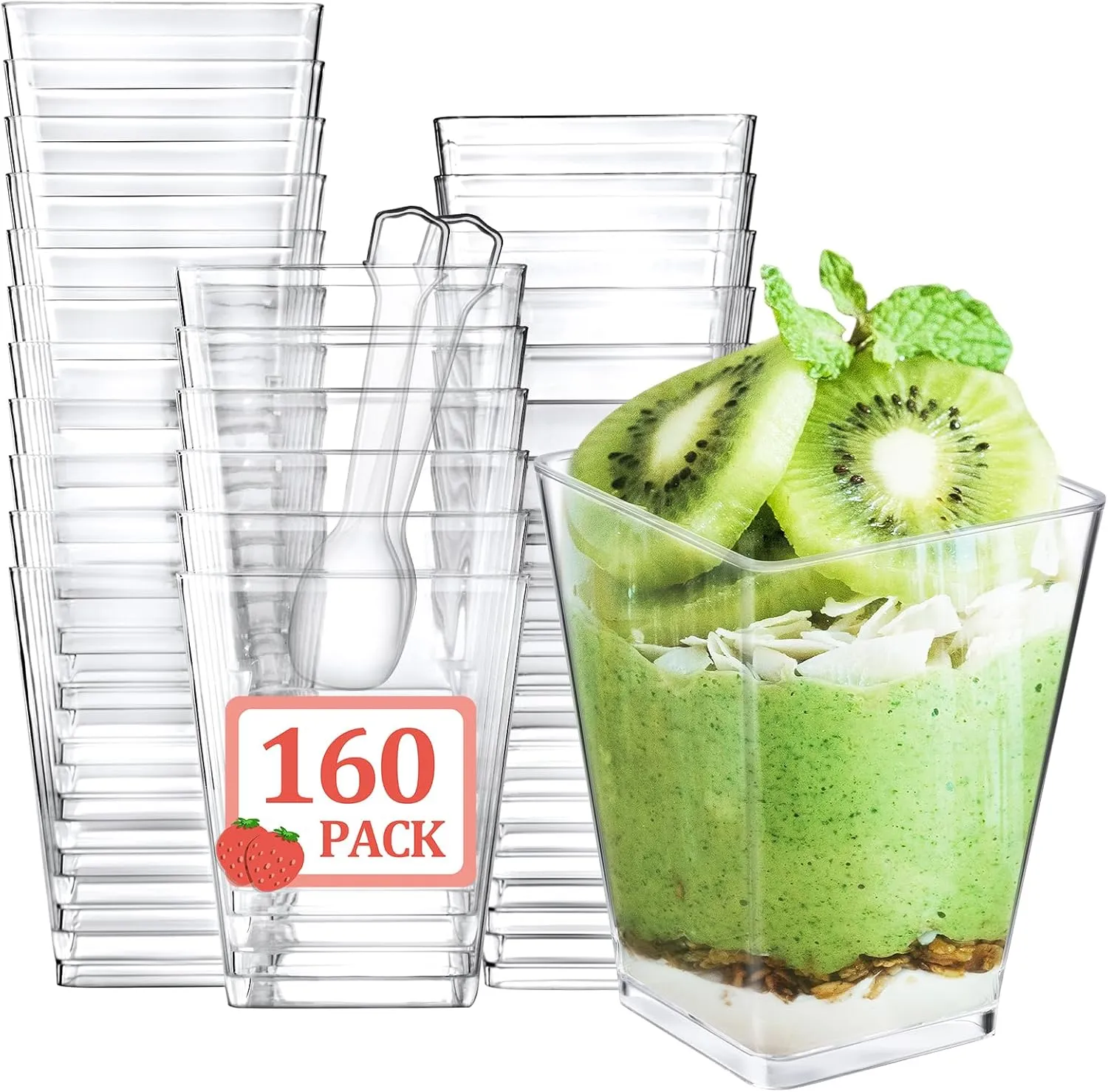 Eupako 160 Pack 5 OZ Plastic Mini Dessert Cups with Spoons - Clear Small Parfait Cups, Square Appetizer Cups for Fruit, Pudding, Mousse, Ice Cream, Party, Wedding, Valentine's Day