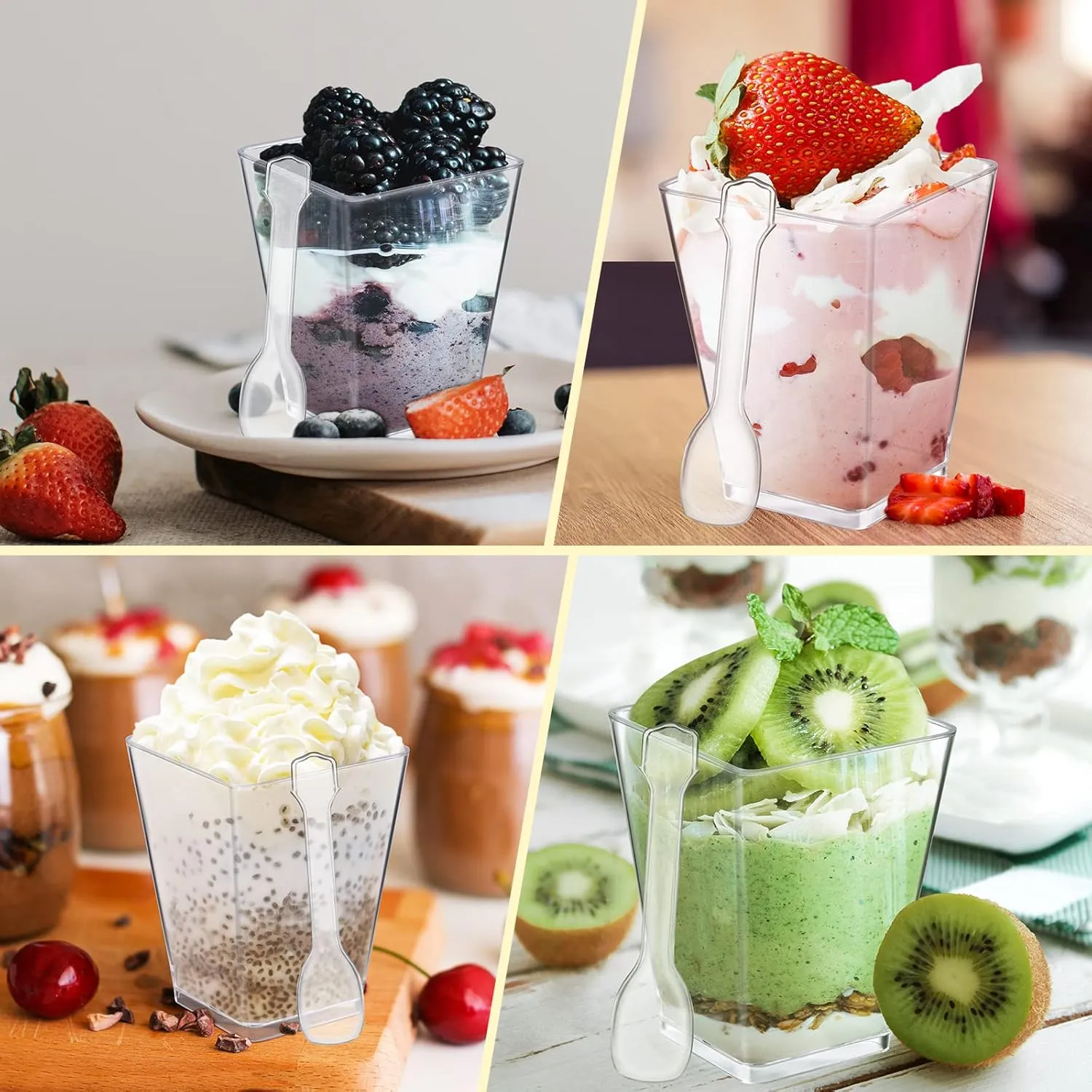 Eupako 160 Pack 5 OZ Plastic Mini Dessert Cups with Spoons - Clear Small Parfait Cups, Square Appetizer Cups for Fruit, Pudding, Mousse, Ice Cream, Party, Wedding, Valentine's Day