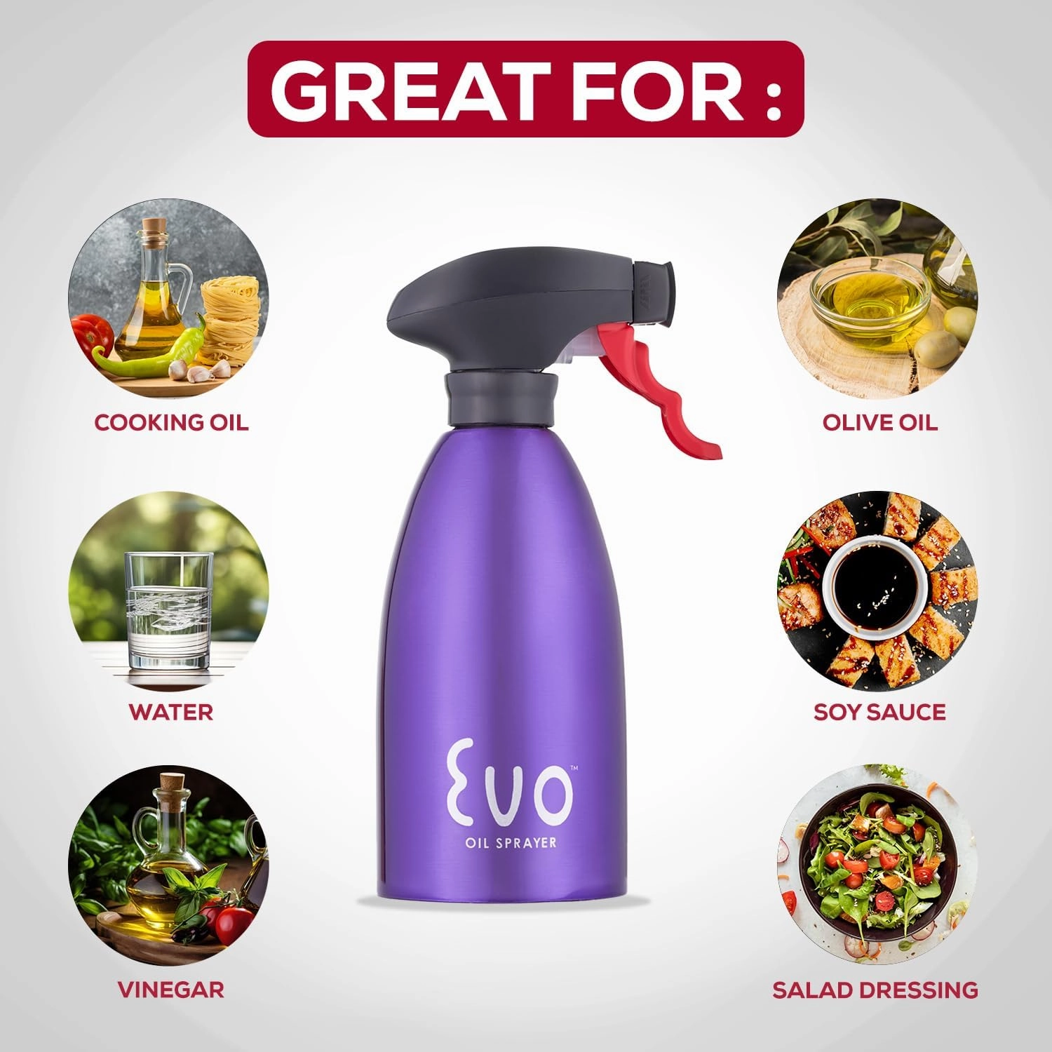 Evo Oil Sprayer 18/8 Stainless Steel, Non-Aerosol for Olive, Cooking Oils, and Vinegars, Purple, 16-Ounce Capacity