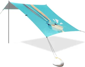 Excited Bunny Medium Turquoise Foldable Beach Canopy UPF50  Easy Setup Sun Shade with Sandbags, Sand Shovel, Poles for Camping, Picnics, Backyard