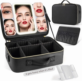 Extra Large Makeup Bag with 1X5X10X20X30X Magnifying Mirror and Travel Makeup Train Case Cosmetic Organiser with LED Mirror and Separate Makeup Brush Panel, Portable Adjustable Divider Storage Bag
