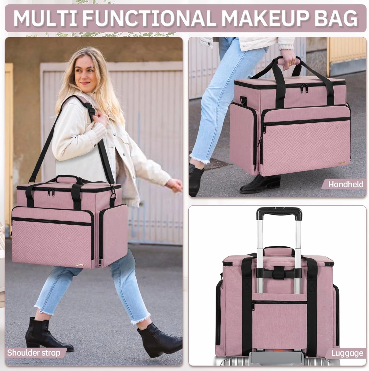 Extra Large Makeup Case with 4 Removable Pouches, Professional Make up Train Case,Travel Cosmetic Bag for Hairstylists Nail Tech Makeup Artist with Shoulder Strap and Handle (Pink)