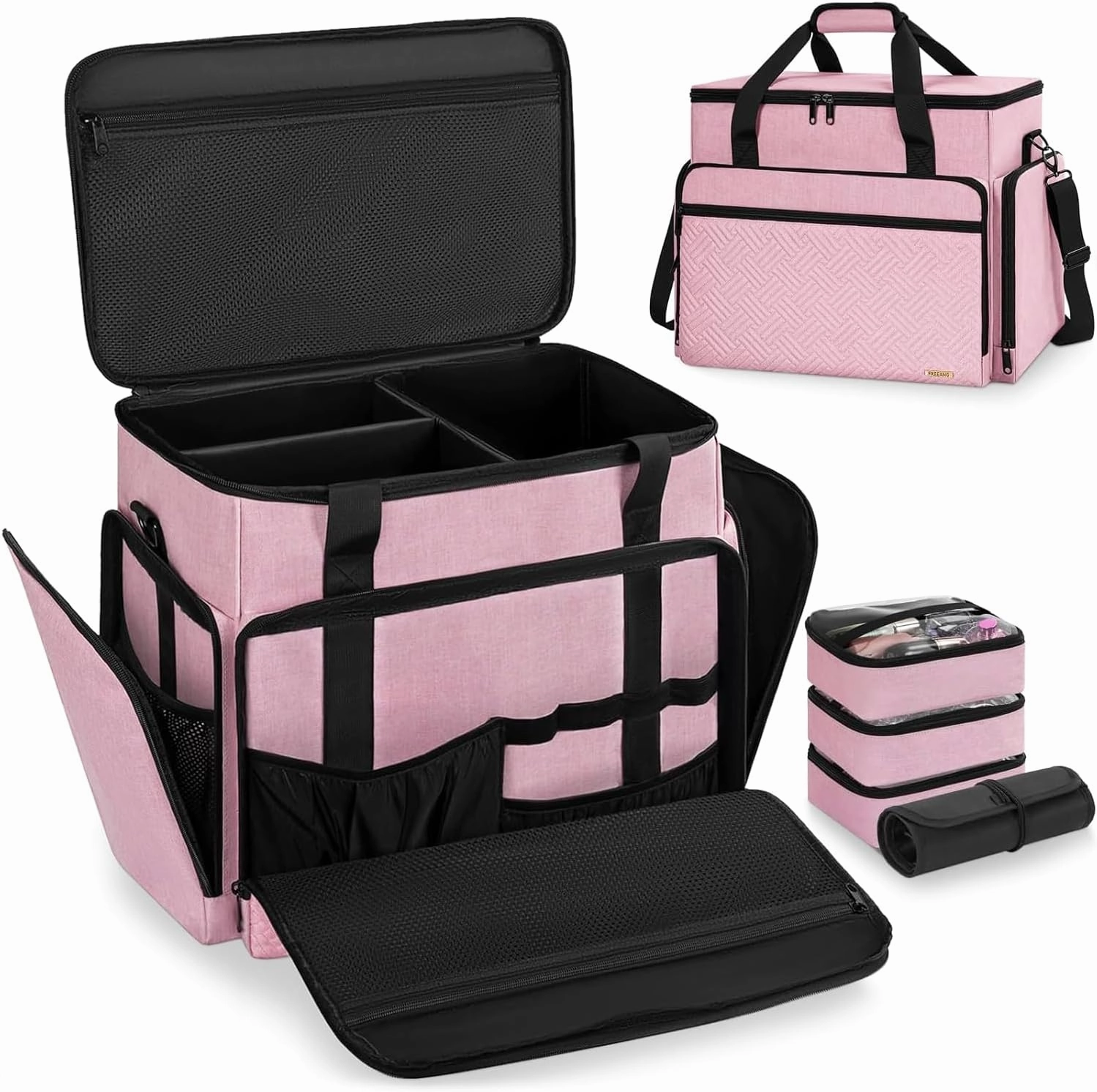 Extra Large Makeup Case with 4 Removable Pouches, Professional Make up Train Case,Travel Cosmetic Bag for Hairstylists Nail Tech Makeup Artist with Shoulder Strap and Handle (Pink)
