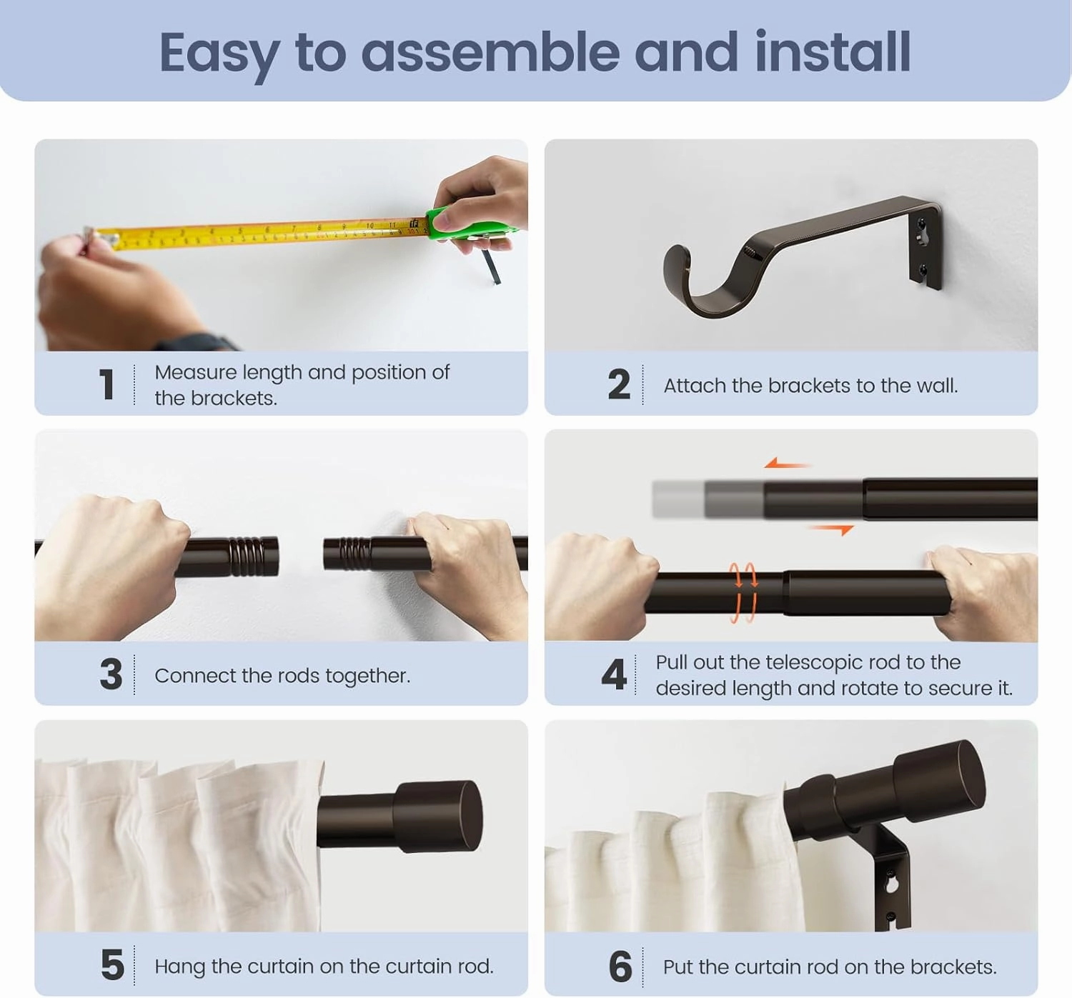 Extra Long Curtain Rods for Windows 180 Inches, 1 Inch Diameter Adjustable Bronze Curtain Rod, Heavy Duty Modern curtain rod with Simple Finials, 32"-180"