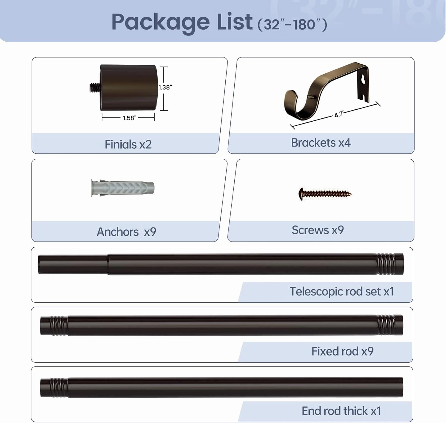Extra Long Curtain Rods for Windows 180 Inches, 1 Inch Diameter Adjustable Bronze Curtain Rod, Heavy Duty Modern curtain rod with Simple Finials, 32"-180"