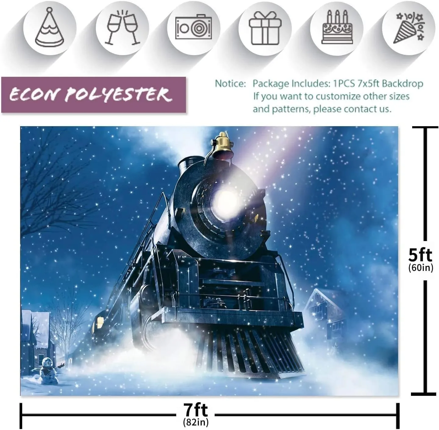 Fabric Winter Night Train Photography Backdrop No Wrinkles Wonderland Railway Polar Express Background Snowflake Portrait Photobooth Banner Party Decor Photo Studio Props 7x5ft car