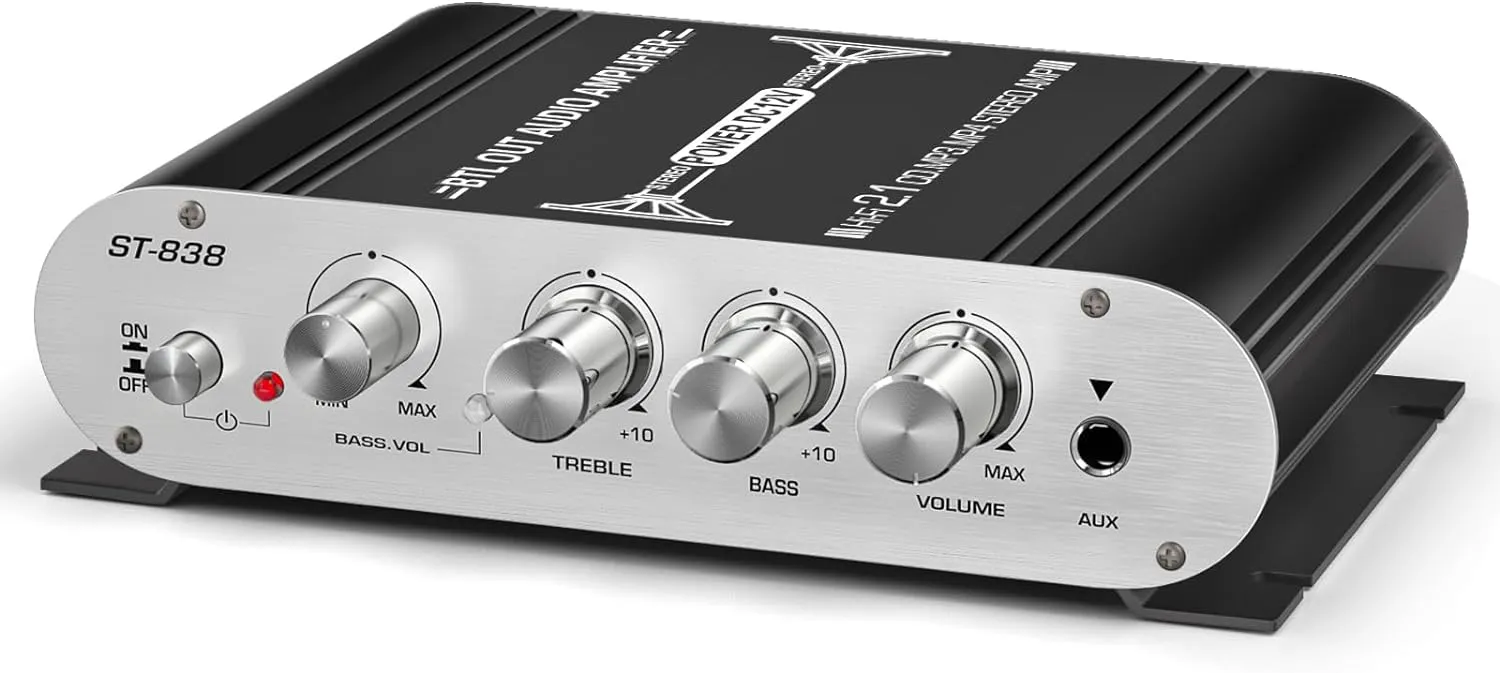 Facmogu ST-838 2.1 Channel HiFi Stereo Subwoofer Amplifier, RMS 20Wx2 40W Mini Digital Audio Power Amplifier for Home Speakers, 80W Subwoofer Amplifier Audio Stereo Bass Amp with Power Supply - Black