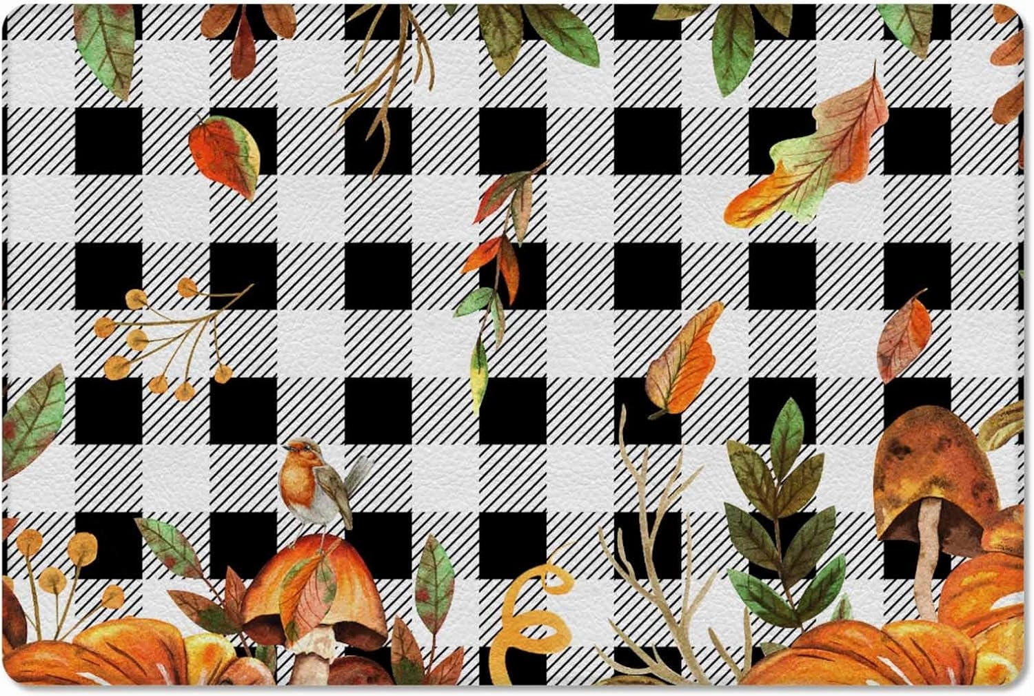 Fall Rectangular Door Mat 24x36inch, Non-Slip Welcome Entrance Way Rug, PVC Doormats, Low-Profile Waterproof Area Rugs for Garage Patio, Autumn Pumpkin Mushtoom Leaf Check Black White