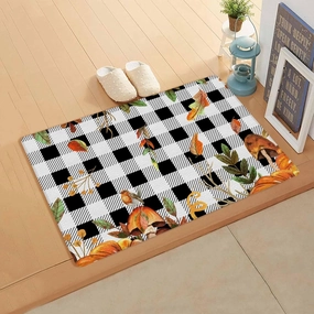 Fall Rectangular Door Mat 24x36inch, Non-Slip Welcome Entrance Way Rug, PVC Doormats, Low-Profile Waterproof Area Rugs for Garage Patio, Autumn Pumpkin Mushtoom Leaf Check Black White
