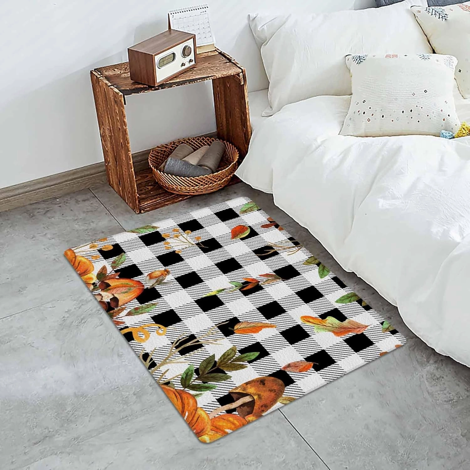 Fall Rectangular Door Mat 24x36inch, Non-Slip Welcome Entrance Way Rug, PVC Doormats, Low-Profile Waterproof Area Rugs for Garage Patio, Autumn Pumpkin Mushtoom Leaf Check Black White