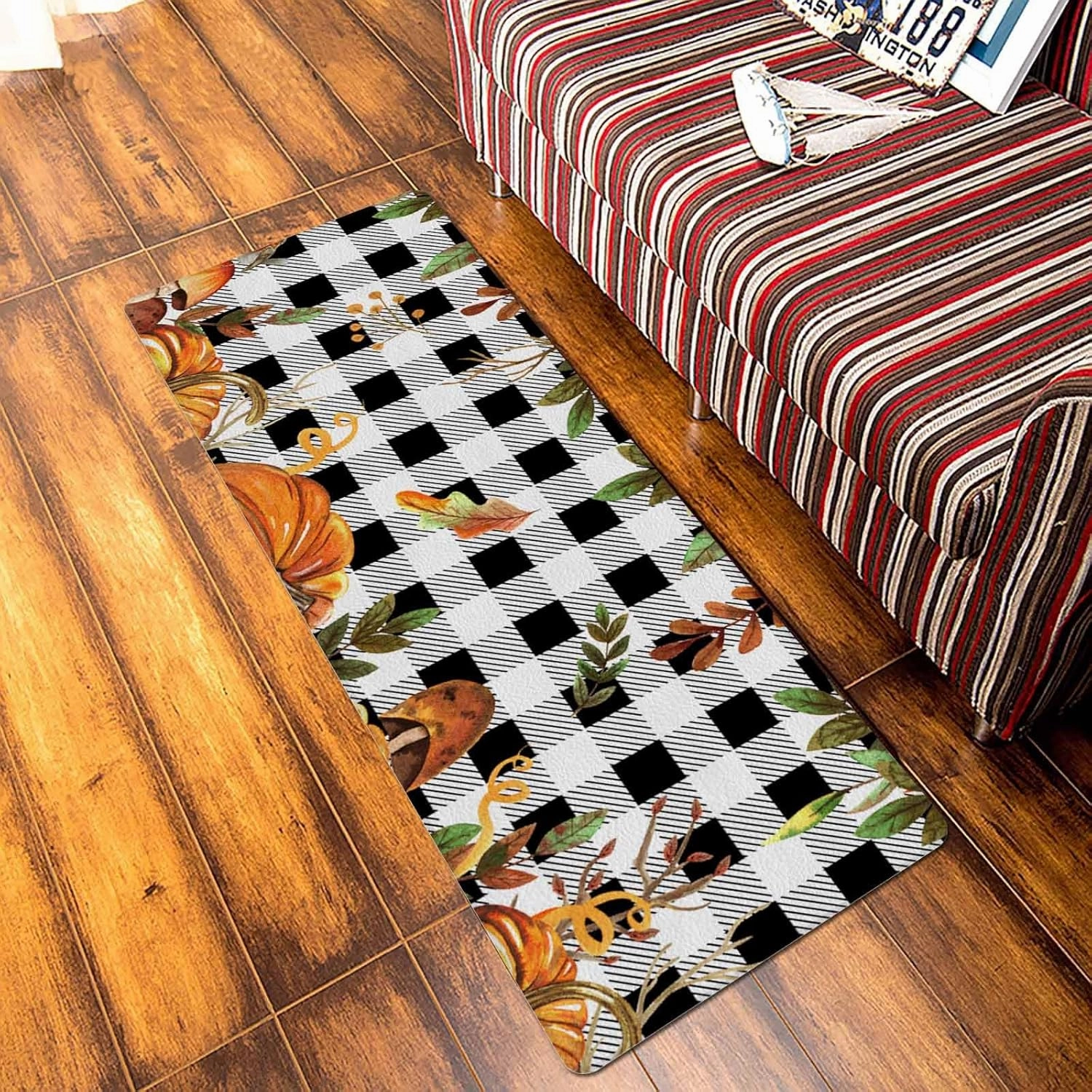 Fall Rectangular Door Mat 24x36inch, Non-Slip Welcome Entrance Way Rug, PVC Doormats, Low-Profile Waterproof Area Rugs for Garage Patio, Autumn Pumpkin Mushtoom Leaf Check Black White