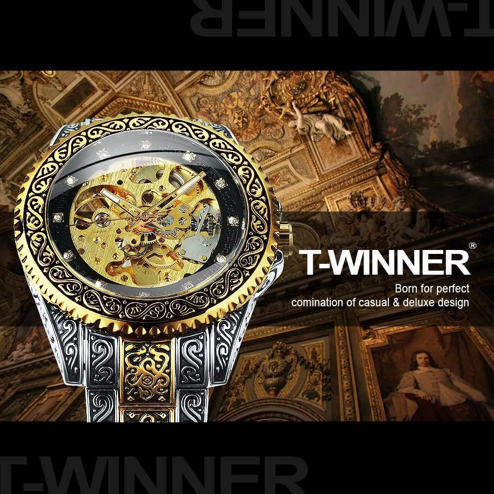 FANMIS Mens Luxury Engraving Wrist Watches Unique Tattoo Pattern Carved Stainless Steel Band Luminous Automatic Skeleton Watch