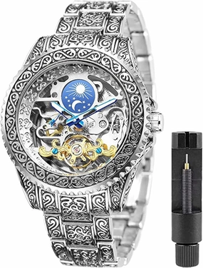 FANMIS Mens Luxury Engraving Wrist Watches Unique Tattoo Pattern Carved Stainless Steel Band Luminous Automatic Skeleton Watch