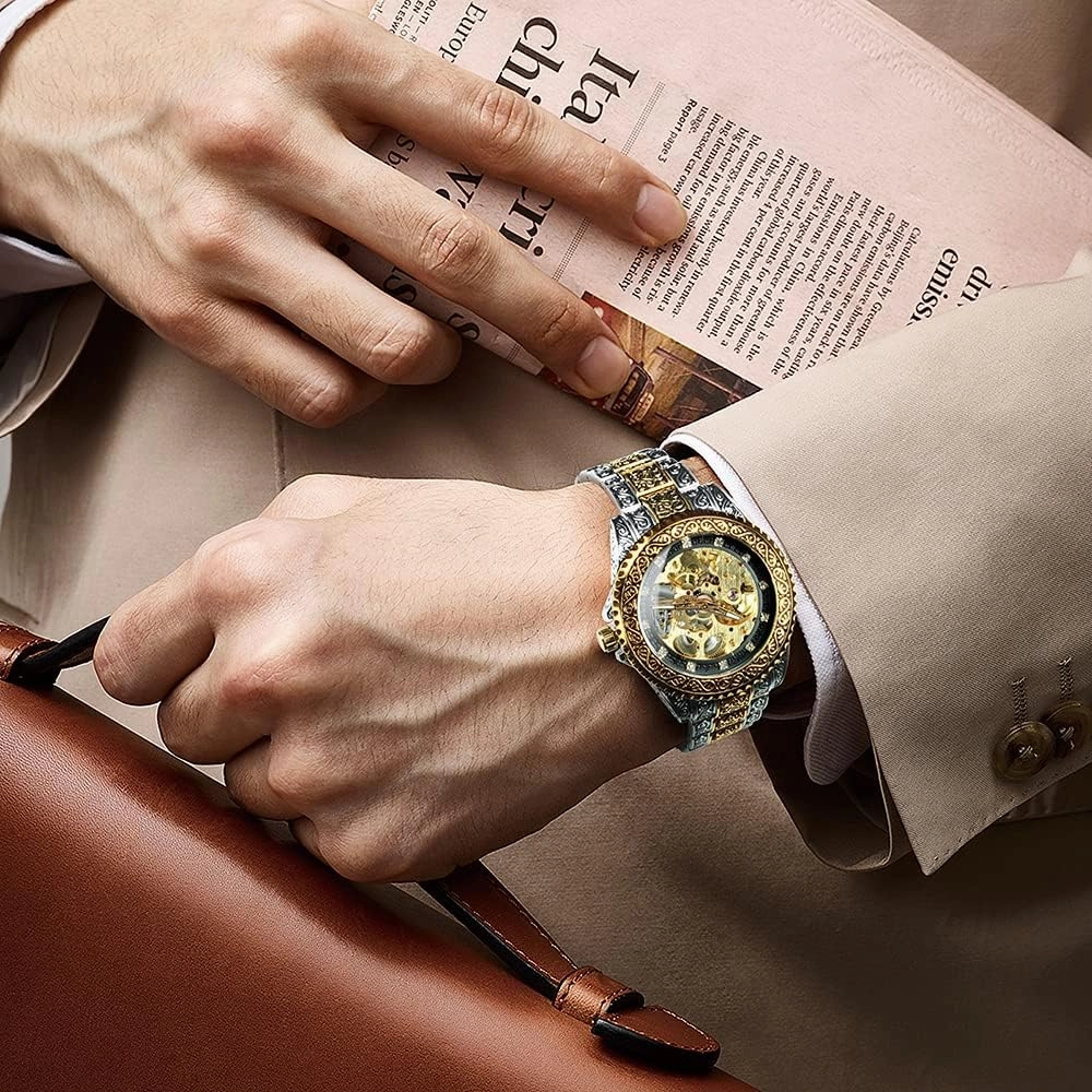 FANMIS Mens Luxury Engraving Wrist Watches Unique Tattoo Pattern Carved Stainless Steel Band Luminous Automatic Skeleton Watch