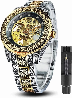 FANMIS Mens Luxury Engraving Wrist Watches Unique Tattoo Pattern Carved Stainless Steel Band Luminous Automatic Skeleton Watch