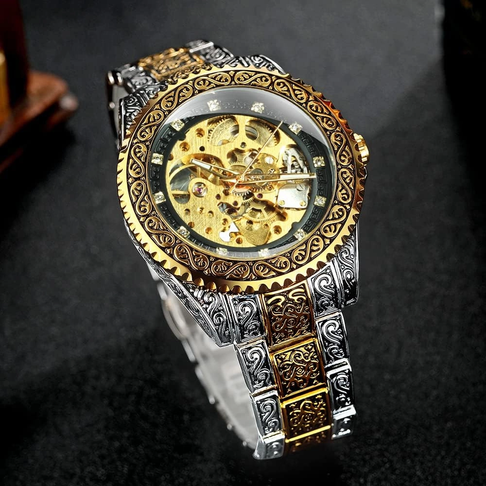 FANMIS Mens Luxury Engraving Wrist Watches Unique Tattoo Pattern Carved Stainless Steel Band Luminous Automatic Skeleton Watch