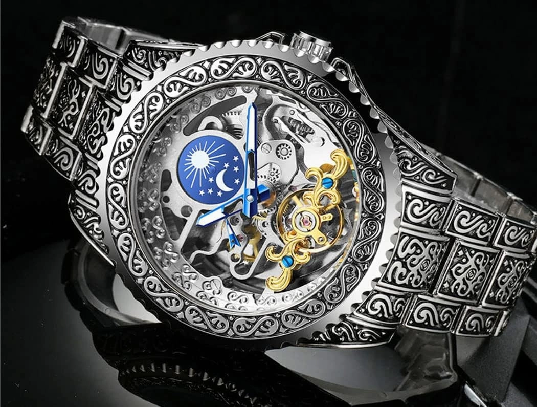 FANMIS Mens Luxury Engraving Wrist Watches Unique Tattoo Pattern Carved Stainless Steel Band Luminous Automatic Skeleton Watch