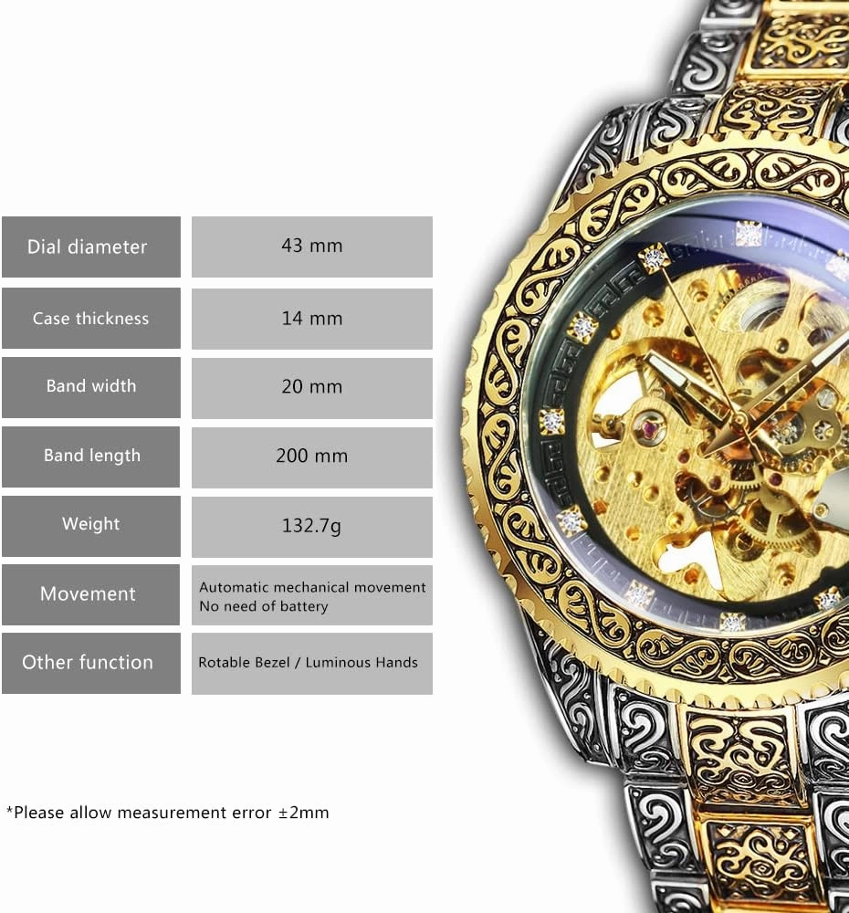 FANMIS Mens Luxury Engraving Wrist Watches Unique Tattoo Pattern Carved Stainless Steel Band Luminous Automatic Skeleton Watch
