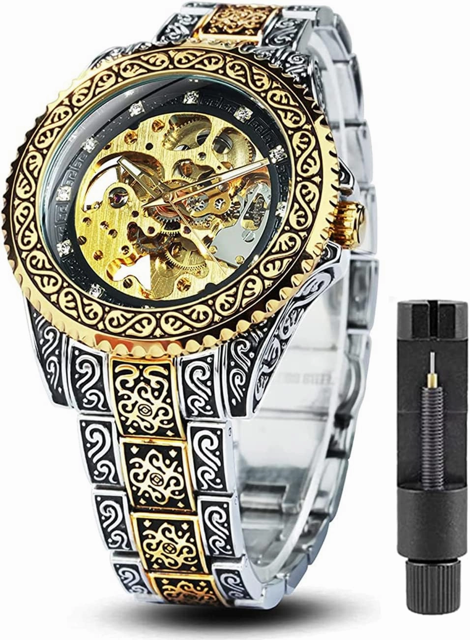 FANMIS Mens Luxury Engraving Wrist Watches Unique Tattoo Pattern Carved Stainless Steel Band Luminous Automatic Skeleton Watch