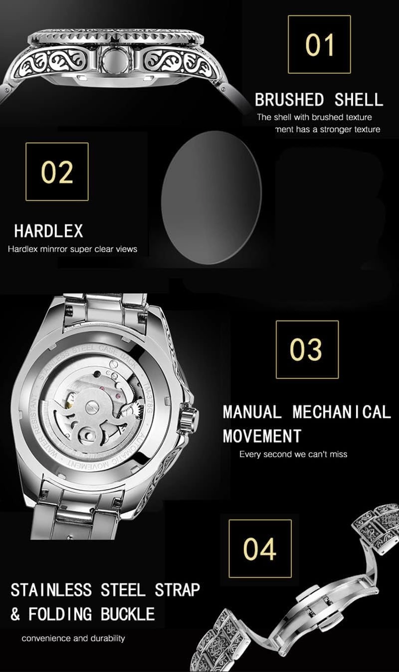 FANMIS Mens Luxury Engraving Wrist Watches Unique Tattoo Pattern Carved Stainless Steel Band Luminous Automatic Skeleton Watch