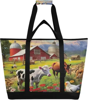Farm Animals Reusable Insulated Lunchbox Cooler Bag, Leakproof Kitchen Grocery Bag Collapsible Portable Cooler Tote Bag for Picnic, Camping, Office, Travel