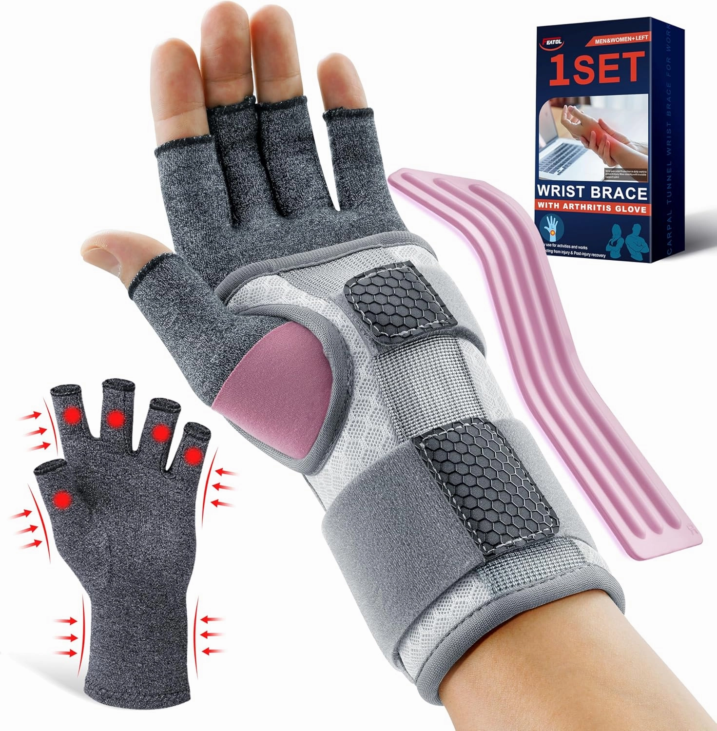 FEATOL Carpal Tunnel Wrist Brace & Compression Arthritis Glove Set for Women - Short Wrist Brace Daytime Support - Pain Relief for Work, Typing, Tendonitis, Sprains - Left Hand, Large