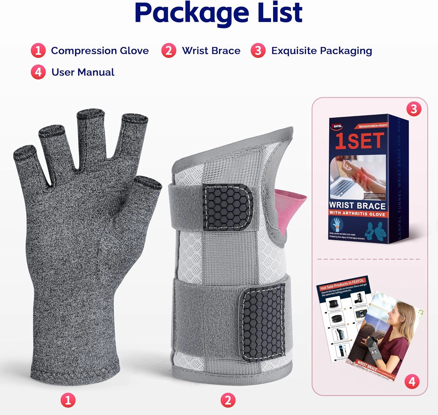 FEATOL Carpal Tunnel Wrist Brace & Compression Arthritis Glove Set for Women - Short Wrist Brace Daytime Support - Pain Relief for Work, Typing, Tendonitis, Sprains - Left Hand, Large
