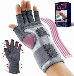 FEATOL Carpal Tunnel Wrist Brace & Compression Arthritis Glove Set for Women - Short Wrist Brace Daytime Support - Pain Relief for Work, Typing, Tendonitis, Sprains - Left Hand, Large