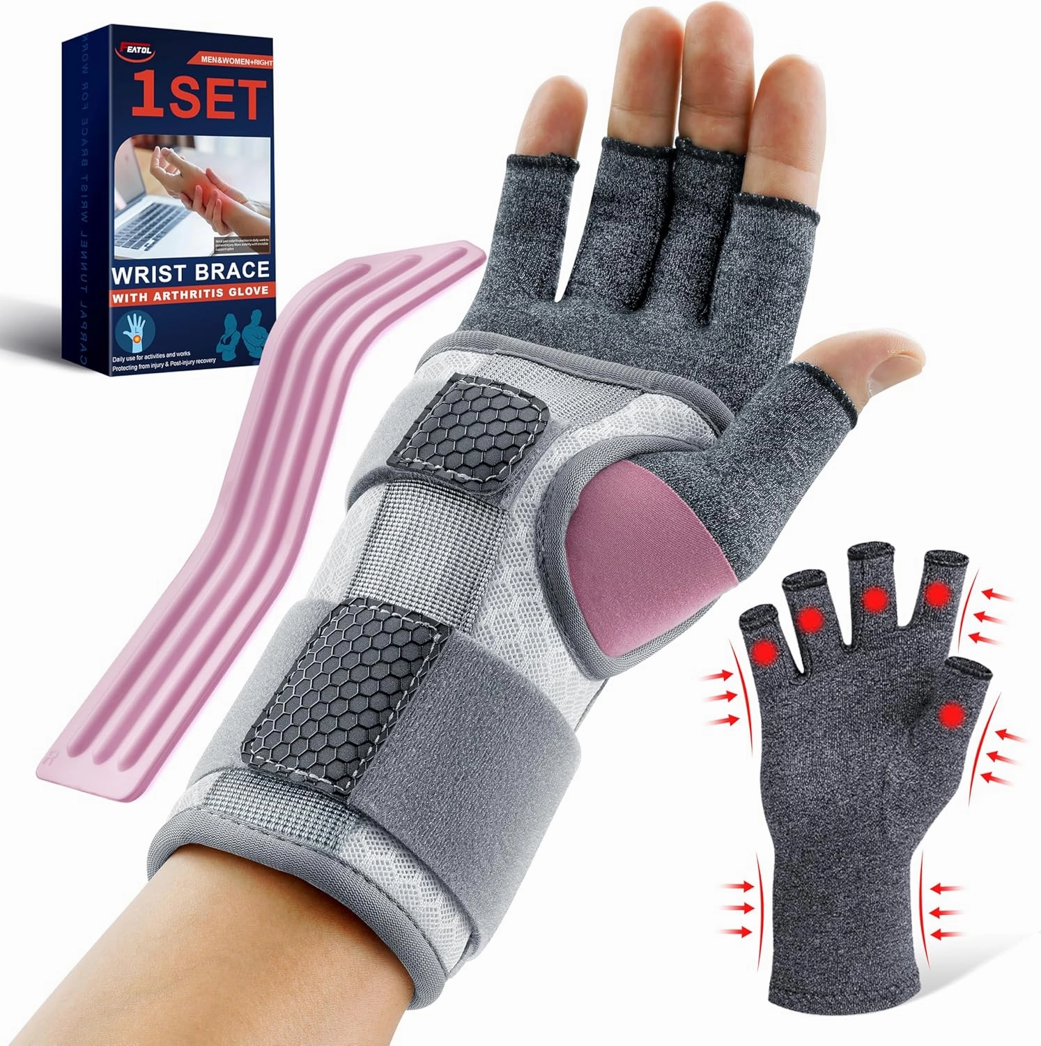 FEATOL Carpal Tunnel Wrist Brace & Compression Arthritis Glove Set for Women - Short Wrist Brace Daytime Support - Pain Relief for Work, Typing, Tendonitis, Sprains - Right Hand, Small
